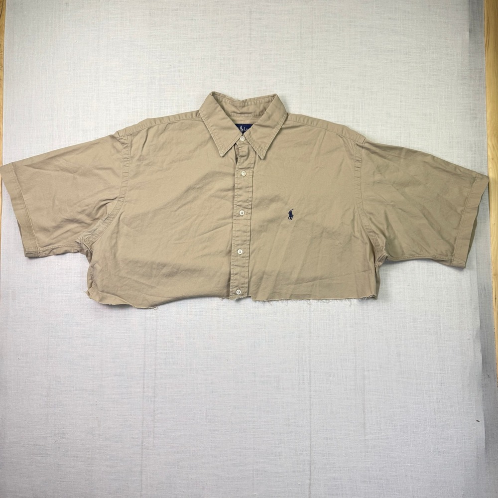 VTG Ralph Lauren Shirt Top Cropped Large Men Tan Short Sleeve Raw Hem Streetwear